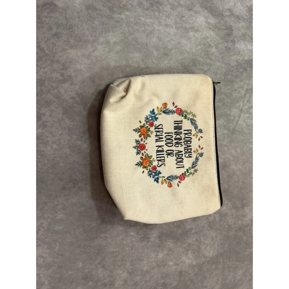Beige & Black Floral Fabric Zipper Makeup Bag 
